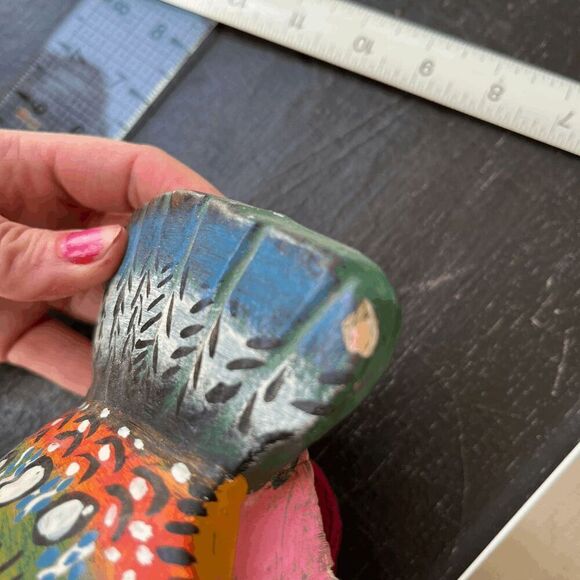 Vintage Indian Hand-Carved Painted Wooden Folk Mask Parrot Headpiece 12" - Picture 6 of 10